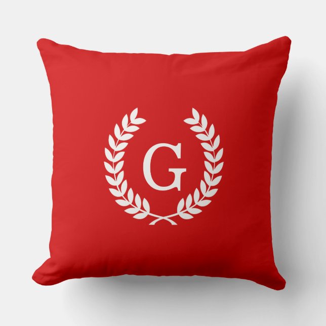 Red White Wheat Laurel Wreath Initial Monogram Cushion (Front)