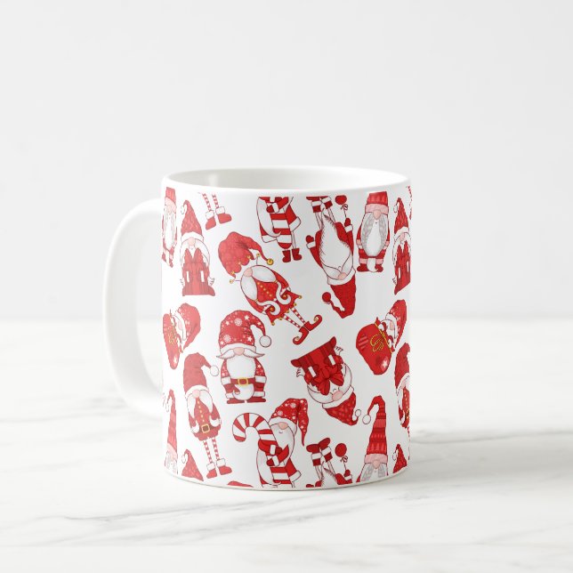Red & White Whimsical Christmas Gnome Pattern Coffee Mug (Front Left)