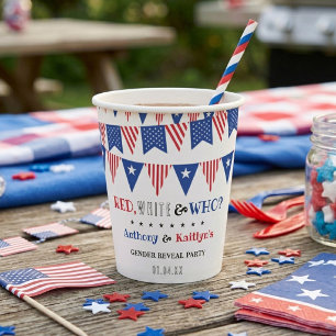 Red, White & Who? 4th Of July Gender Reveal Party Paper Cups