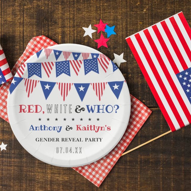 Red, White & Who? 4th Of July Gender Reveal Party Paper Plate (Creator Uploaded)