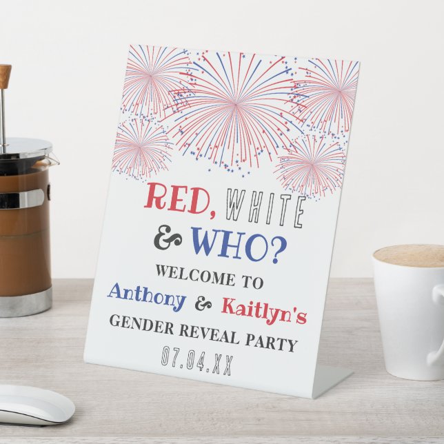 Red, White & Who? 4th Of July Gender Reveal Party Pedestal Sign (In SItu)