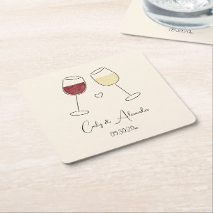 Red White Wine Glass Cheers Wedding Engagement Square Paper Coaster