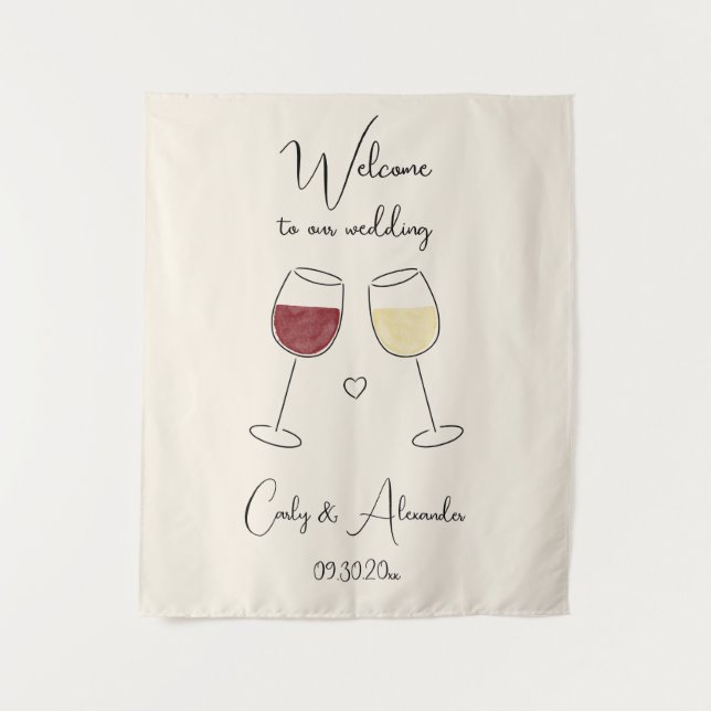 Red White Wine Glass Wedding Welcome Tapestry (Front)