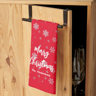 Red White Winter Snowflakes Modern Merry Christmas Tea Towel