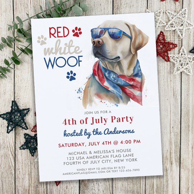 Red White Woof Patriotic Labrador Dog 4th Of July Invitation Postcard (Creator Uploaded)