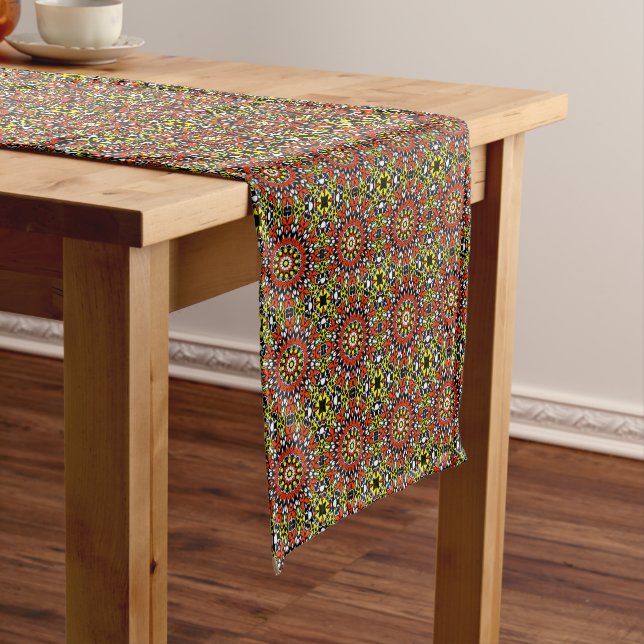 Red, White, Yellow & Black Mandala Pattern Short Table Runner (In Situ)