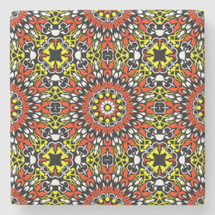 Red, White, Yellow & Black Mandala Pattern Stone Coaster
