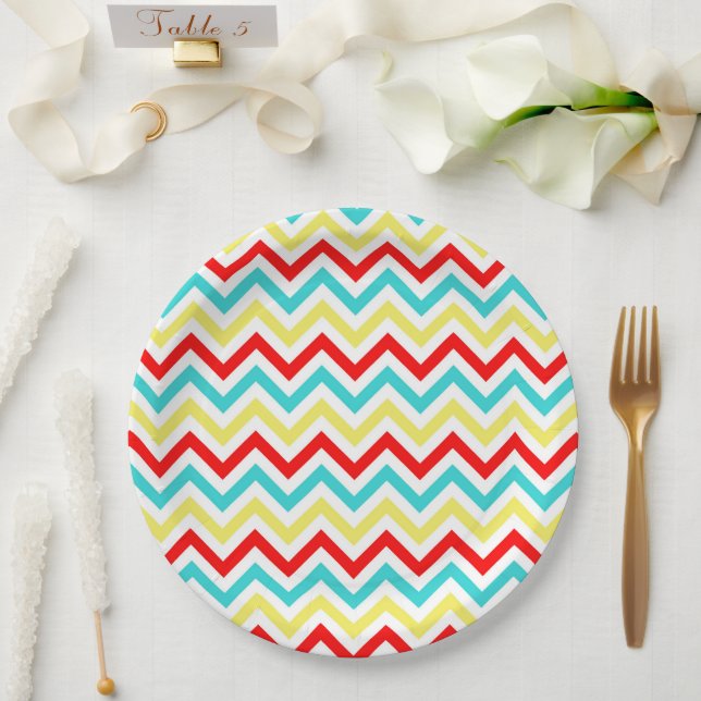 Red White Yellow Blue Chevron Circus Kids Birthday Paper Plate (Wedding)
