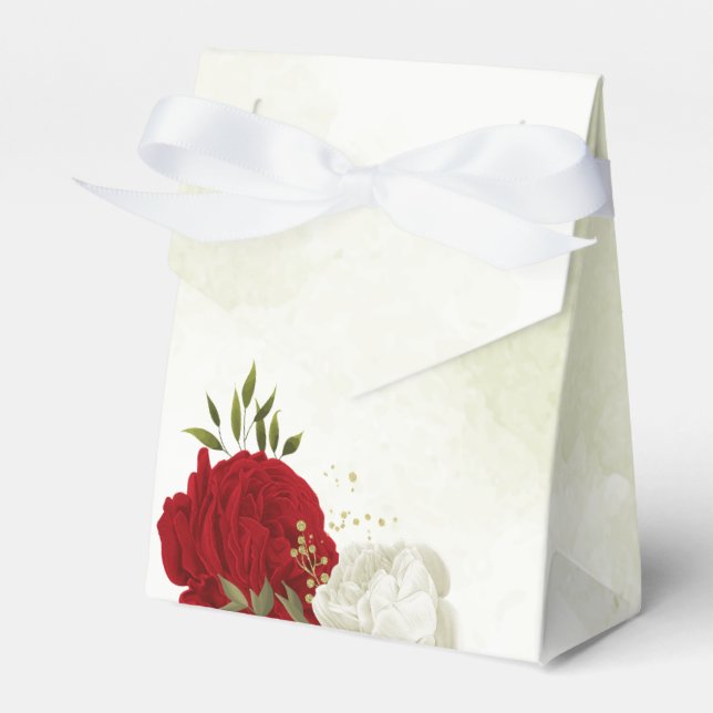 Red whitefloral greenery wedding favour box (Front Side)