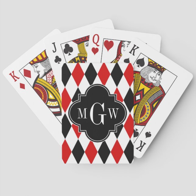 Red Wht Black Harlequin Blk Quatrefoil 3 Monogram Playing Cards (Back)