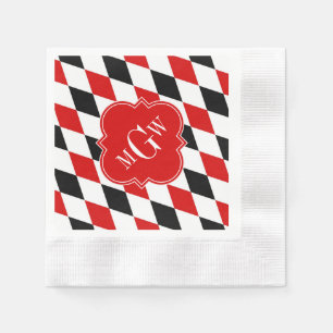 Red Wht Black Harlequin Red Quatrefoil 3 Monogram Napkin