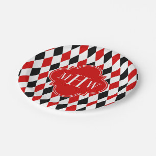 Red Wht Black Harlequin Red Quatrefoil 3 Monogram Paper Plate