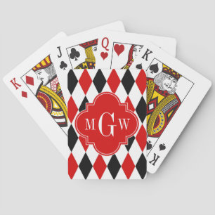Red Wht Black Harlequin Red Quatrefoil 3 Monogram Playing Cards