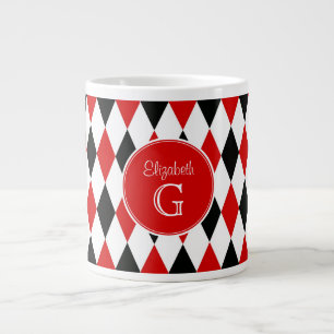 Red Wht Blk Harlequin Round Red Monogram #2 Large Coffee Mug