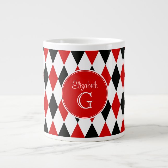 Red Wht Blk Harlequin Round Red Monogram #2 Large Coffee Mug (Front)