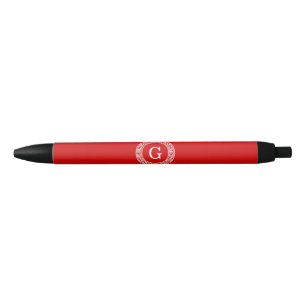 Red Wht Greek Key Rnd Frame Initial Monogram Black Ink Pen