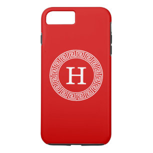 Red Wht Greek Key Rnd Frame Initial Monogram iPhone 8 Plus/7 Plus Case