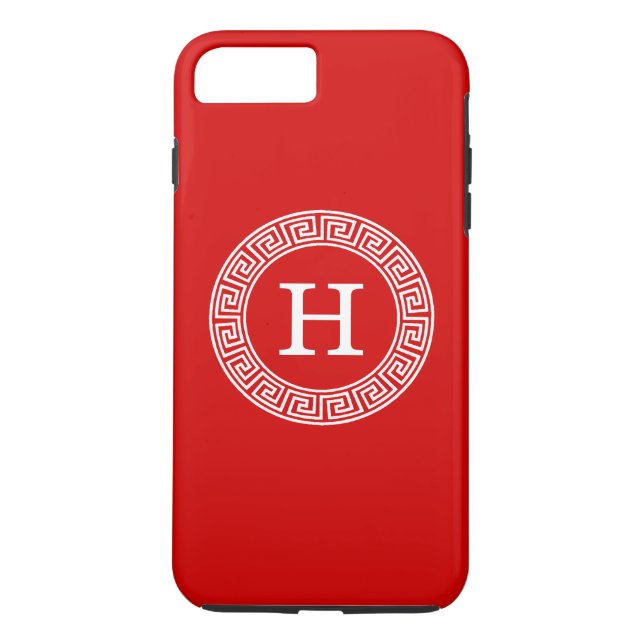 Red Wht Greek Key Rnd Frame Initial Monogram Case-Mate iPhone Case (Back)