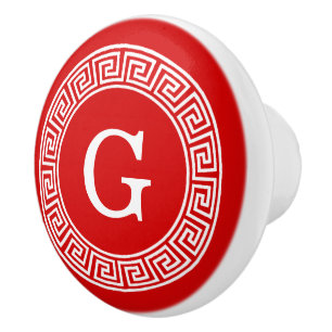 Red Wht Greek Key Rnd Frame Initial Monogram Ceramic Knob