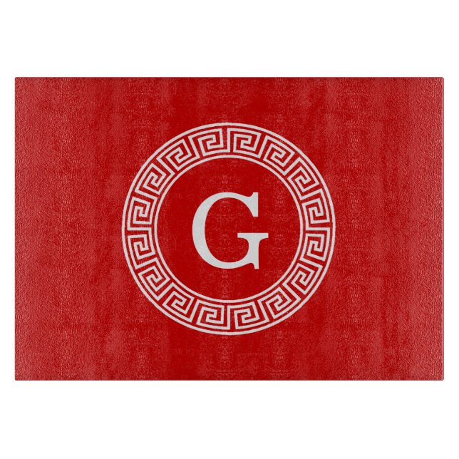 Red Wht Greek Key Rnd Frame Initial Monogram Cutting Board (Front)