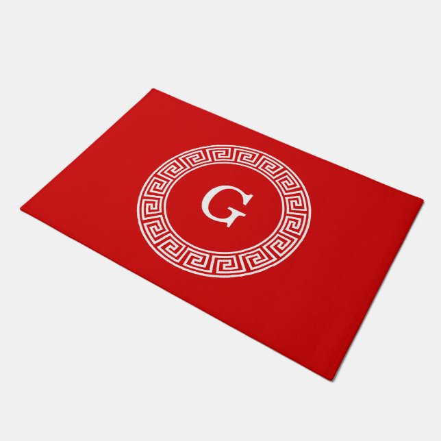 Red Wht Greek Key Rnd Frame Initial Monogram Doormat (Angled)