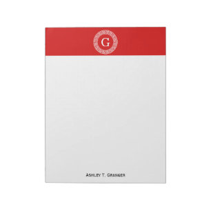 Red Wht Greek Key Rnd Frame Initial Monogram Notepad