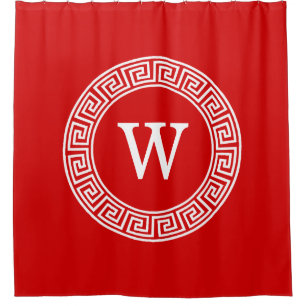 Red Wht Greek Key Rnd Frame Initial Monogram Shower Curtain
