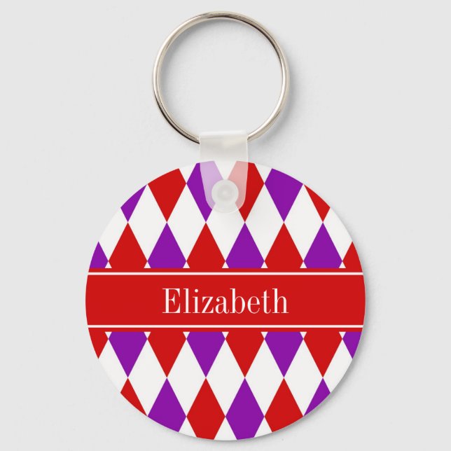 Red Wht Purple Harlequin Red Name Monogram Key Ring (Front)