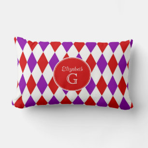 Red Wht Purple Harlequin Round Red Monogram #2 Lumbar Cushion