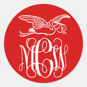 Red Wht Vine Monogram Font Stork Baby DIY BG Classic Round Sticker
