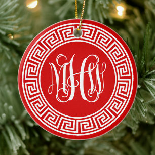 Red Wht Vine Script Monogram Font Greek Key Frame Ceramic Ornament