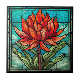 Red Wildflower in Stained Glass Ceramic Tile