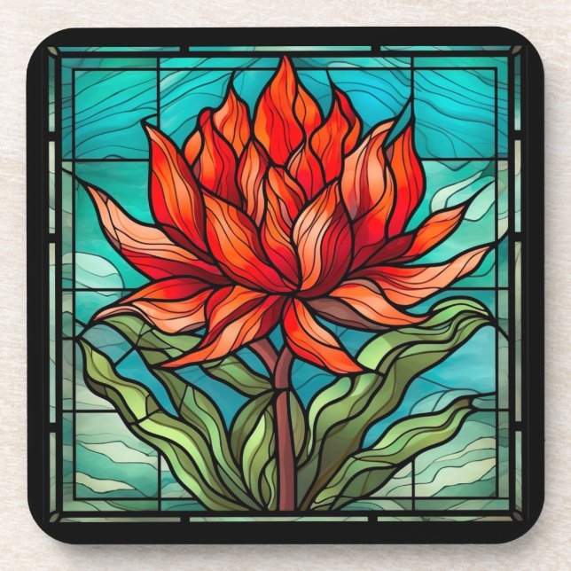 Red Wildflower in Stained Glass Coaster (Front)