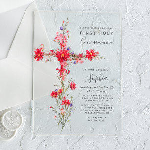 Red Wildflowers Floral Cross First Communion Acrylic Invitations