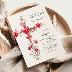 Red Wildflowers Floral Cross First Communion Invitation