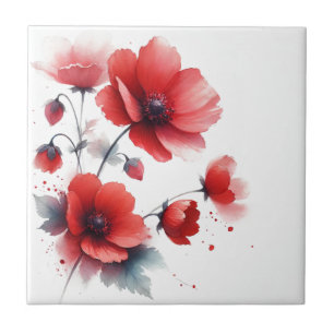 Red Wildflowers Floral watercolor Kitchen Rustic Ceramic Tile