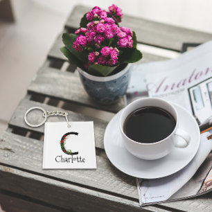  Red wildflowers Watercolor monogram  Key Ring