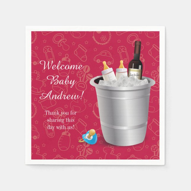 Red Wine and Baby Bottles Sip and See Napkin (Front)