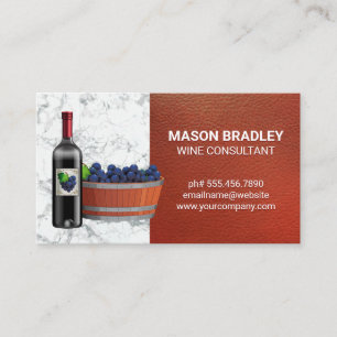 Red Wine and Grape Bucket Red Leather Marble Business Card
