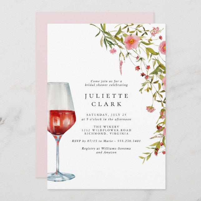 Red Wine and Pink Floral Garden Bridal Shower Invitation (Front/Back)