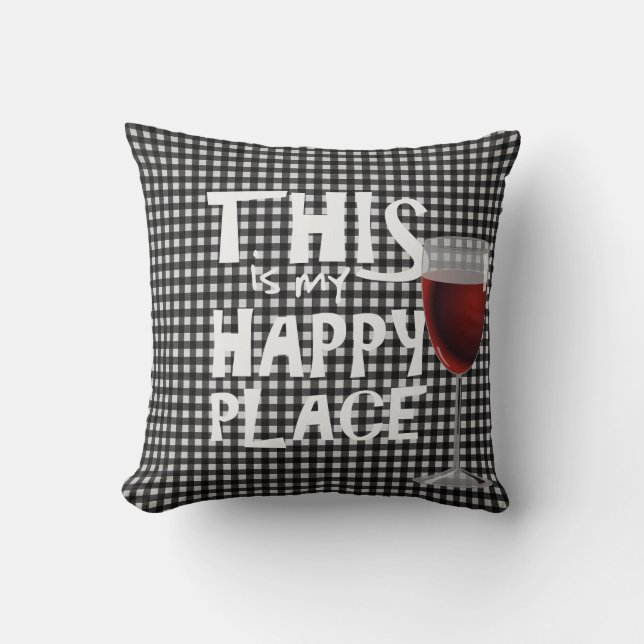 red wine and quote on black gingham cushion (Front)