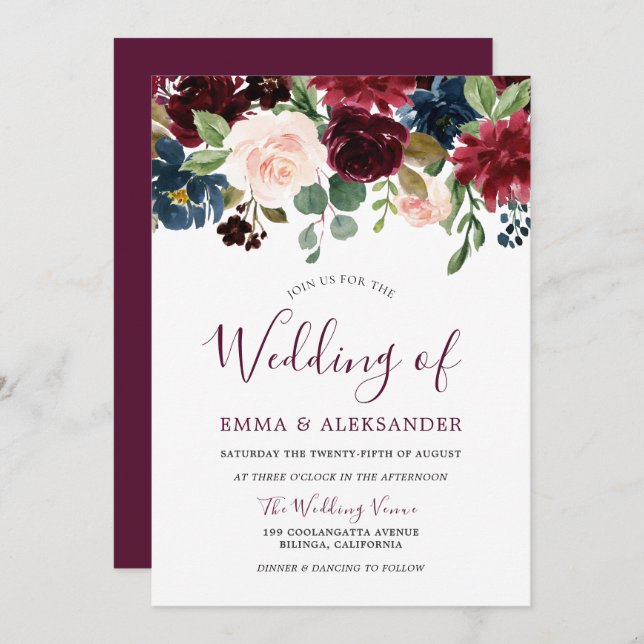 Red Wine Beautiful Burgundy Flowers Wedding Invite (Front/Back)