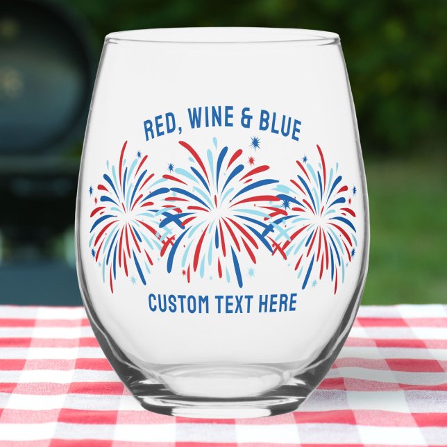 Red Wine & Blue Fireworks 4th Of July Custom  Stemless Wine Glass (Creator Uploaded)