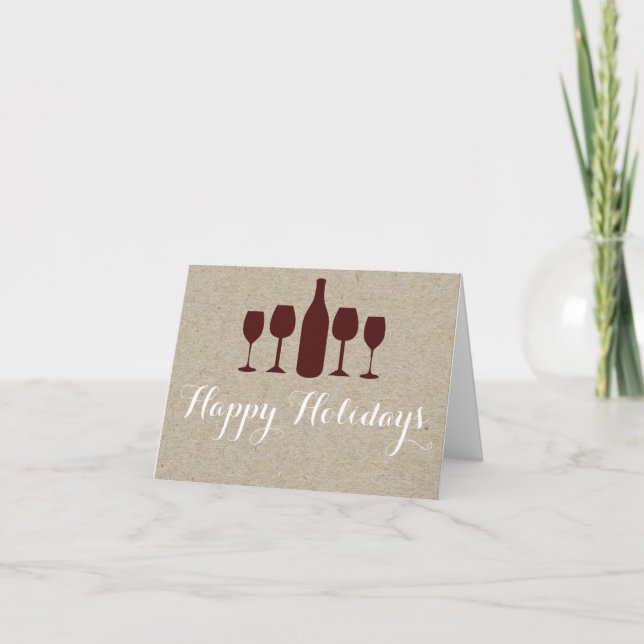 Red Wine & Bottle Brown Paper Rustic Fold Card (Front)