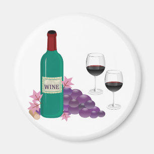 RED WINE BOTTLE, GLASSES AND GRAPES MAGNET