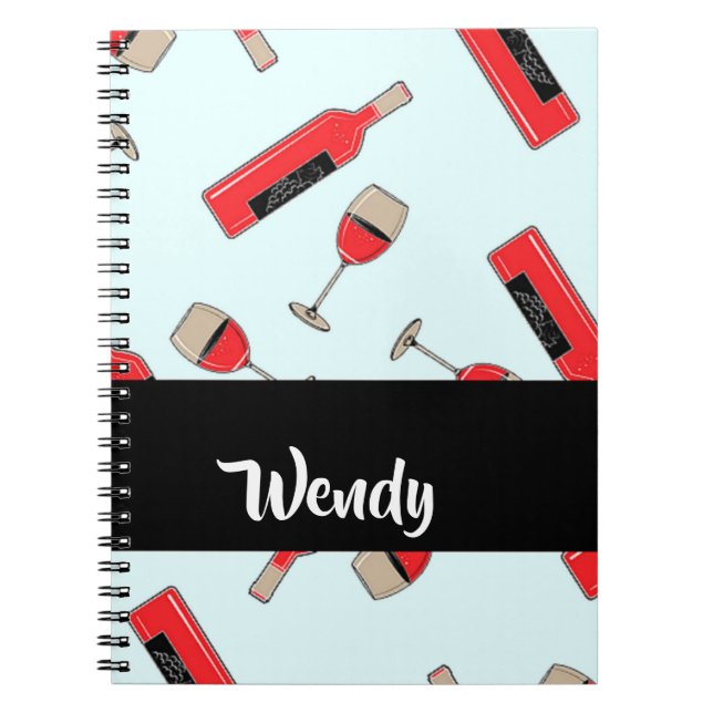Red wine bottles and glasses pattern notebook (Front)