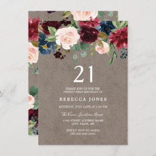 Red Wine Burgundy Floral 21st Birthday Party Invitation