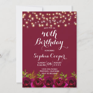 Red Wine Burgundy Floral 40th Birthday Party Invitation