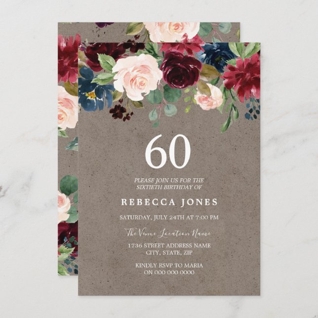 Red Wine Burgundy Floral 60th Birthday Party Invitation (Front/Back)