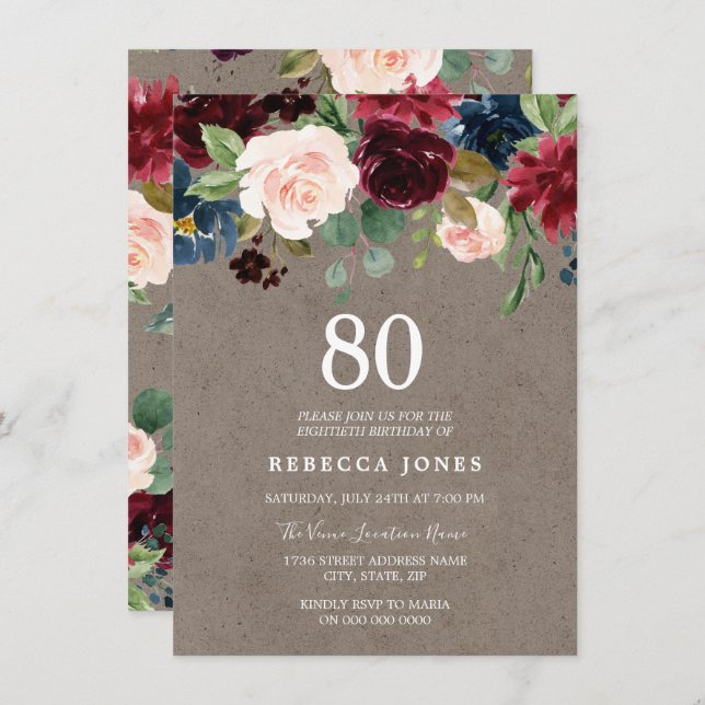 Red Wine Burgundy Floral 80th Birthday Party Invitation (Front/Back)